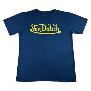 Von Dutch T Shirt Mens Large Navy Blue Yellow Logo Y2K Made in USA Vintage